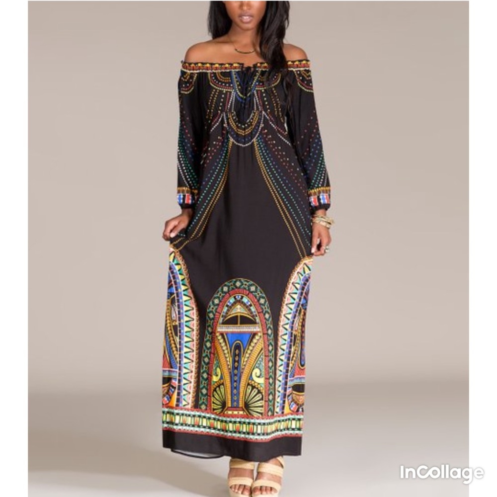 BoHo Off shoulder Maxi long dress small printed hippie bohemian black tomato - Picture 1 of 8